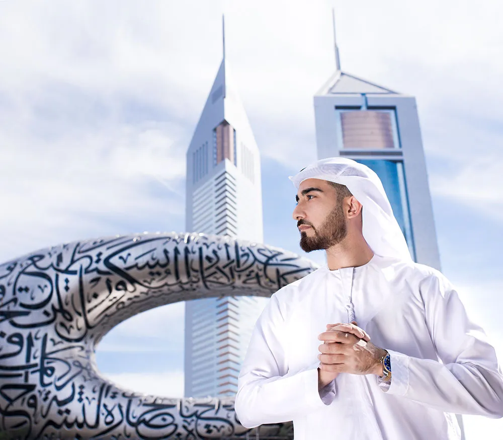 Business professional standing in front of iconic Dubai landmarks, representing corporate accounting services in Dubai, UAE